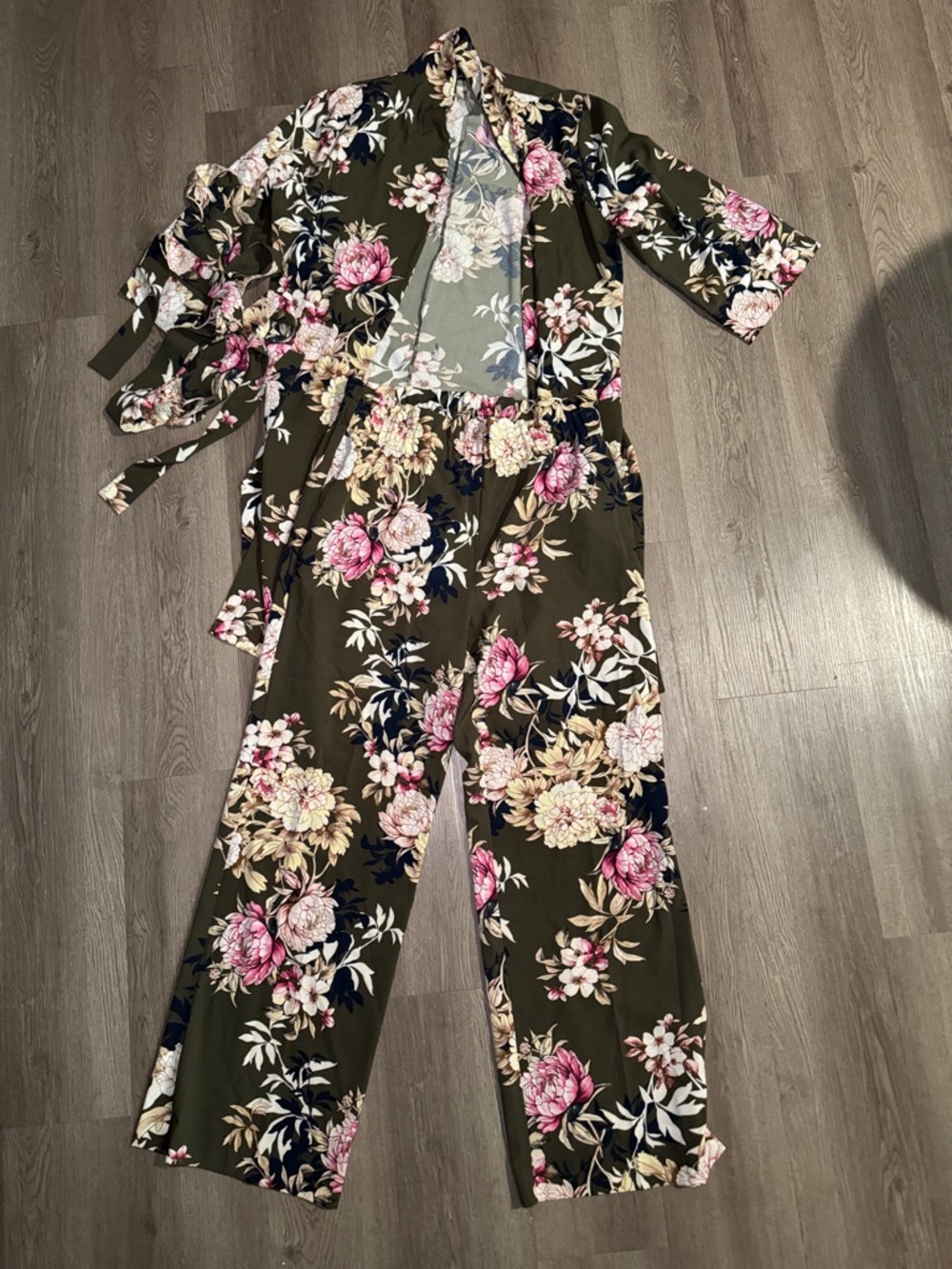 Olive Floral Wrap Jumpsuit with Pink Blooms